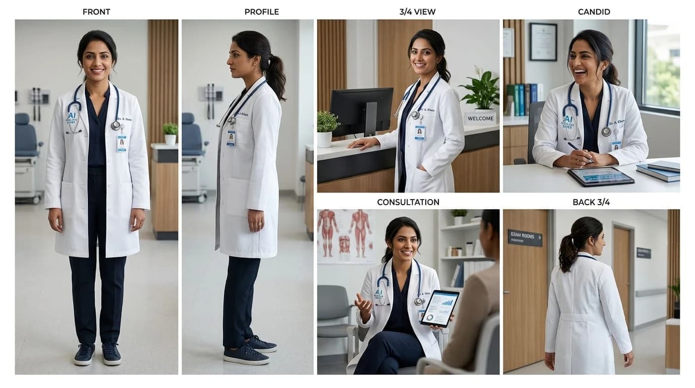 AI Influencer Female Doctor 6-Pose Sheet Result