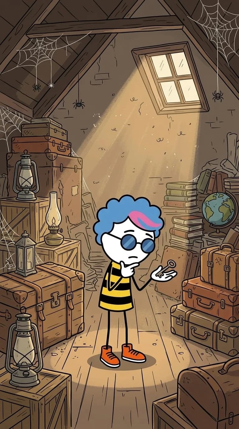 Stickman holding key in attic