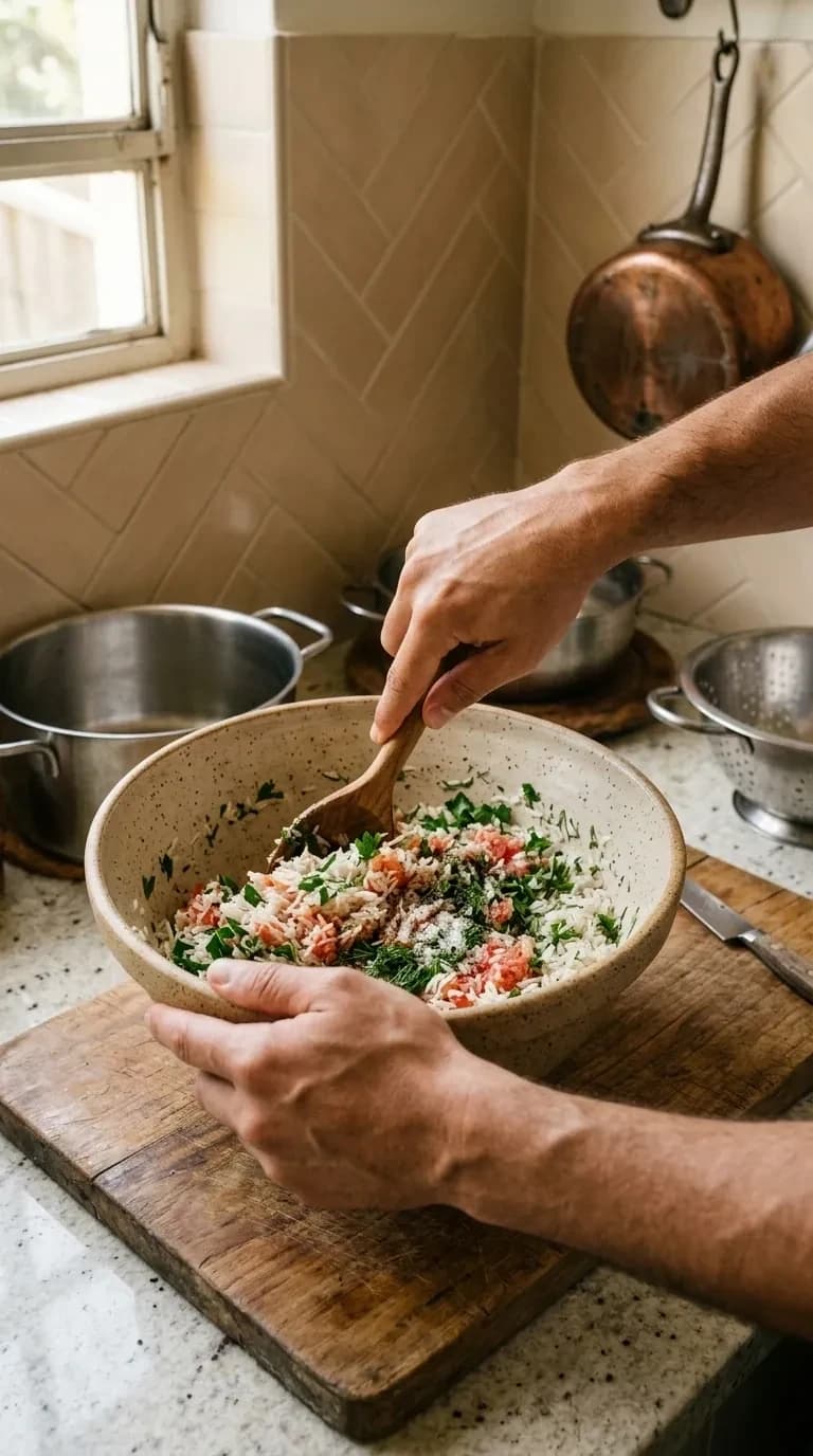 POV Mixing rice and herbs