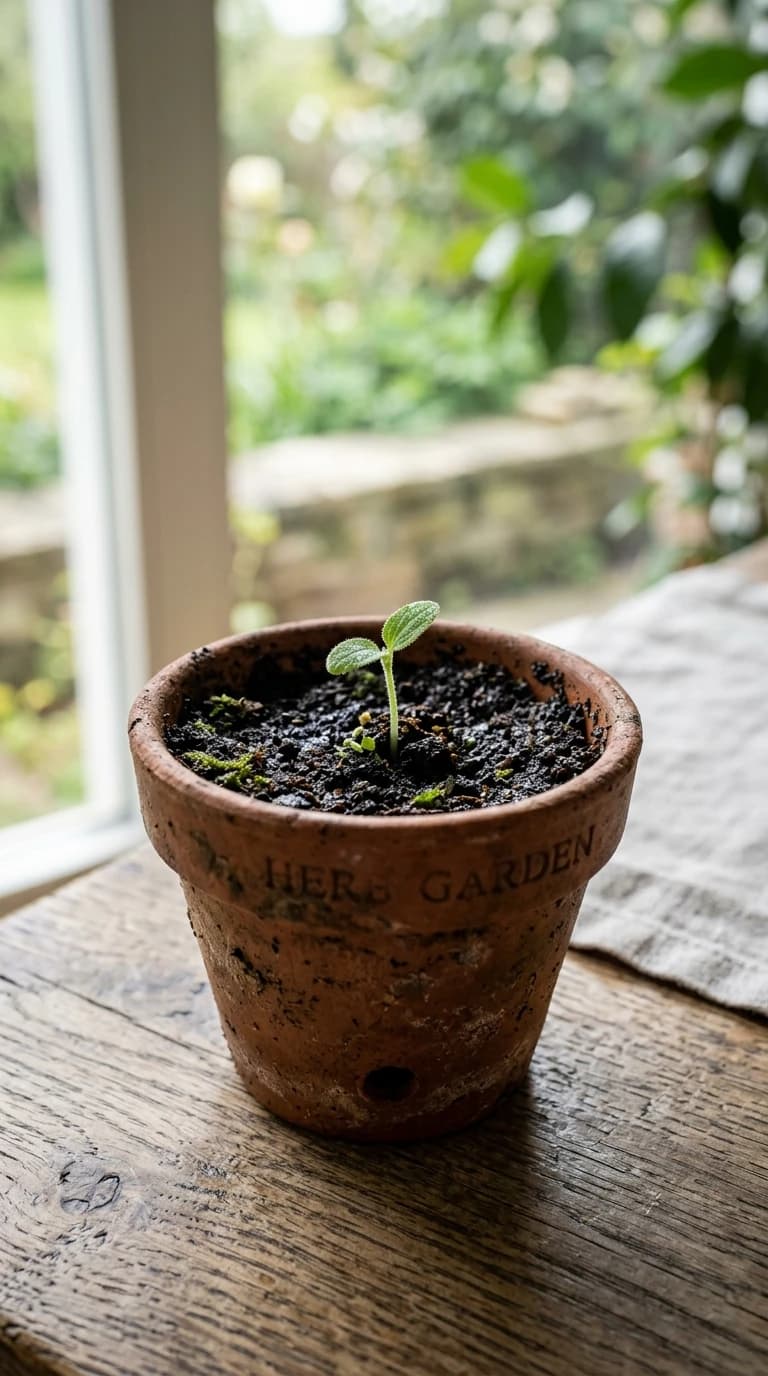 Plant sprouting in ceramic pot