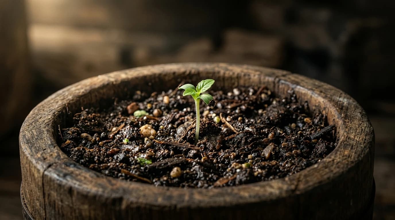 Tiny vibrant green plant seedling just starting to sprout